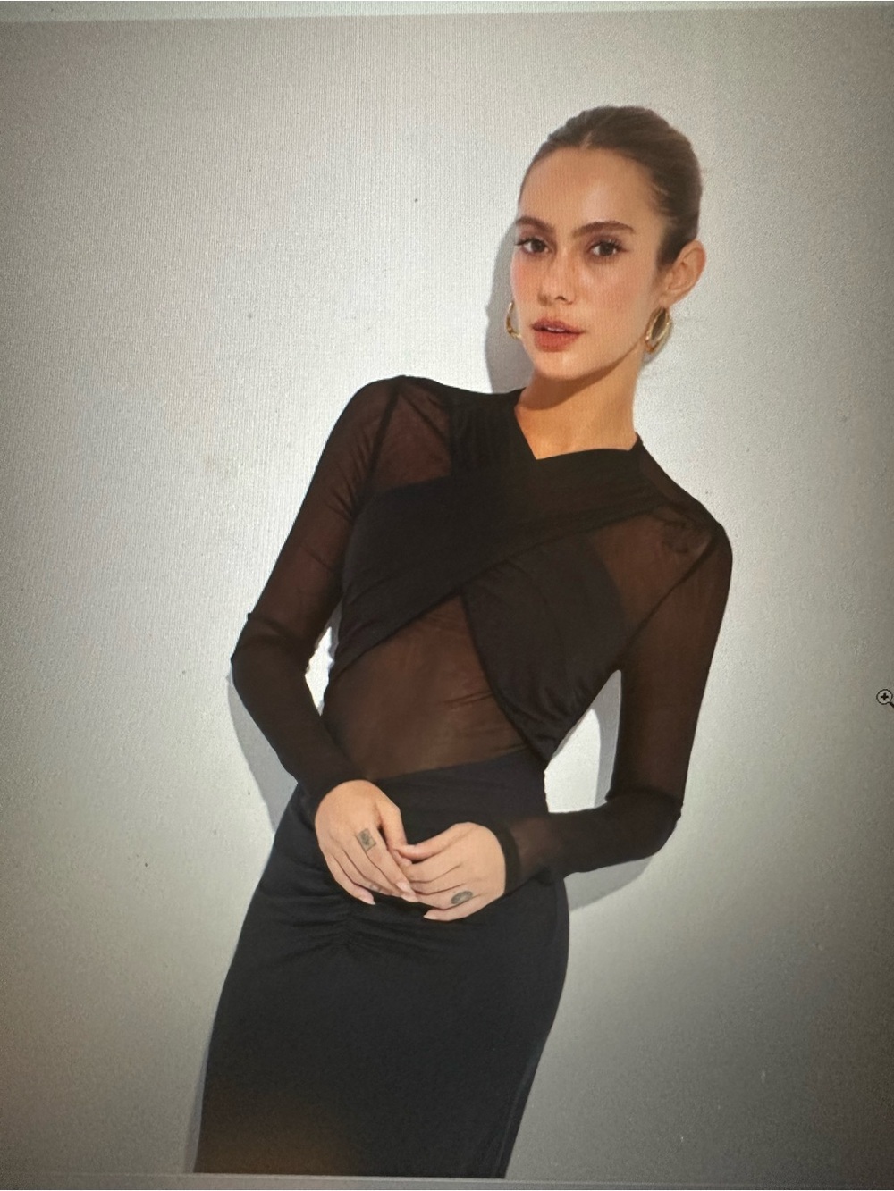 Commense Black Sheer Long-Sleeve Twist Front Top